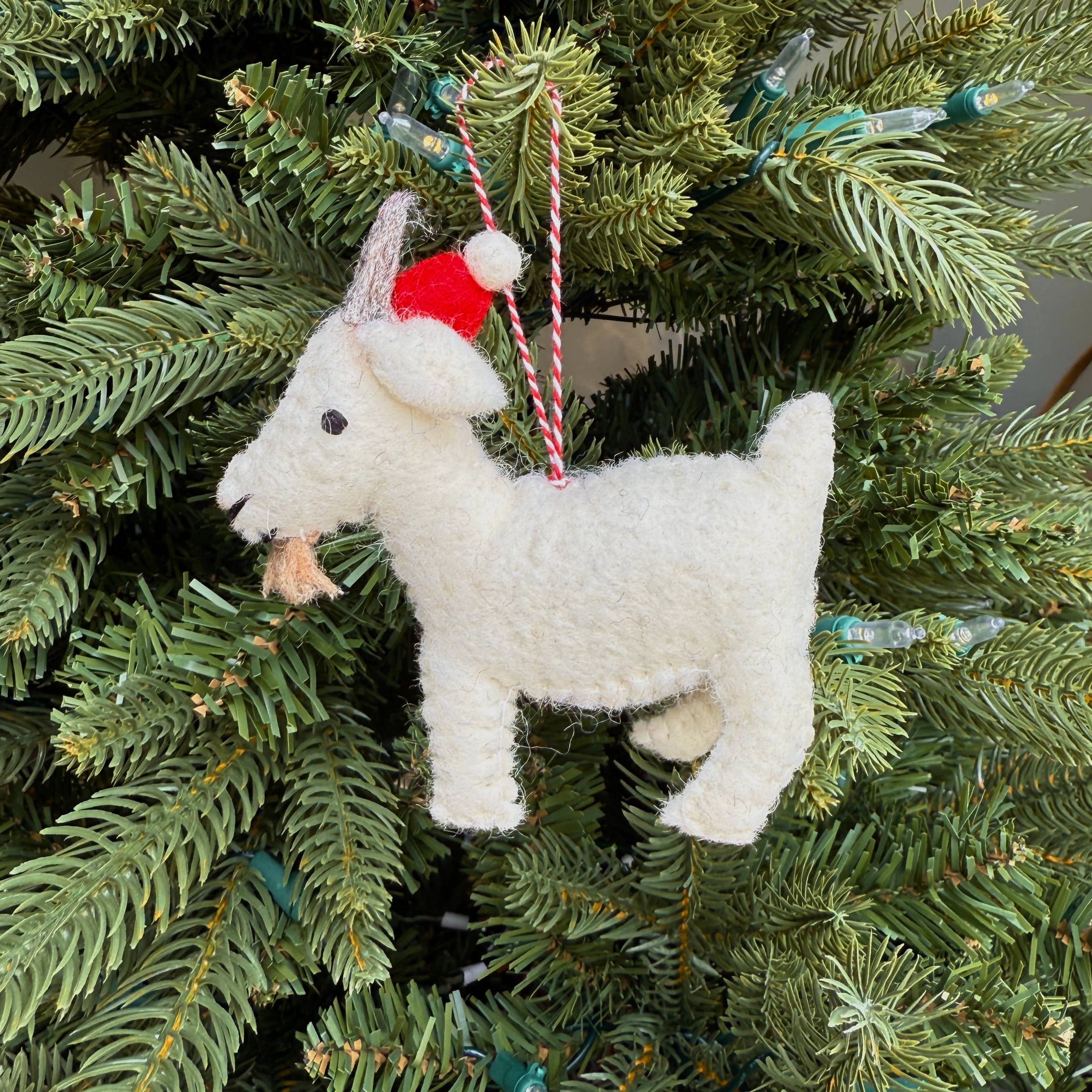 Goat in Santa Hat Felt Wool Ornament