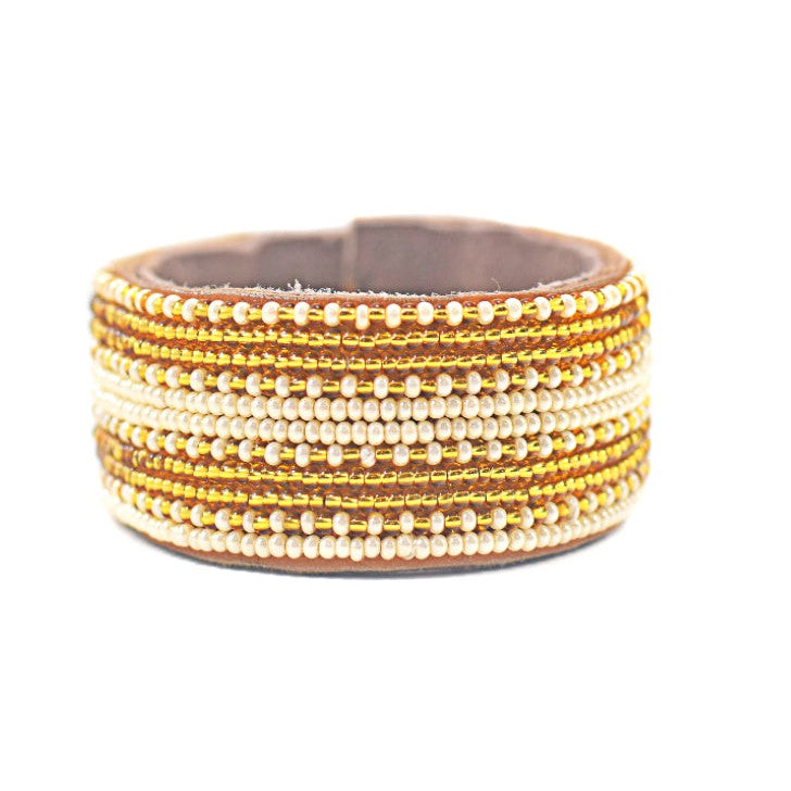 Gold and Pearl Stripe Leather Cuff- Assorted Sizes
