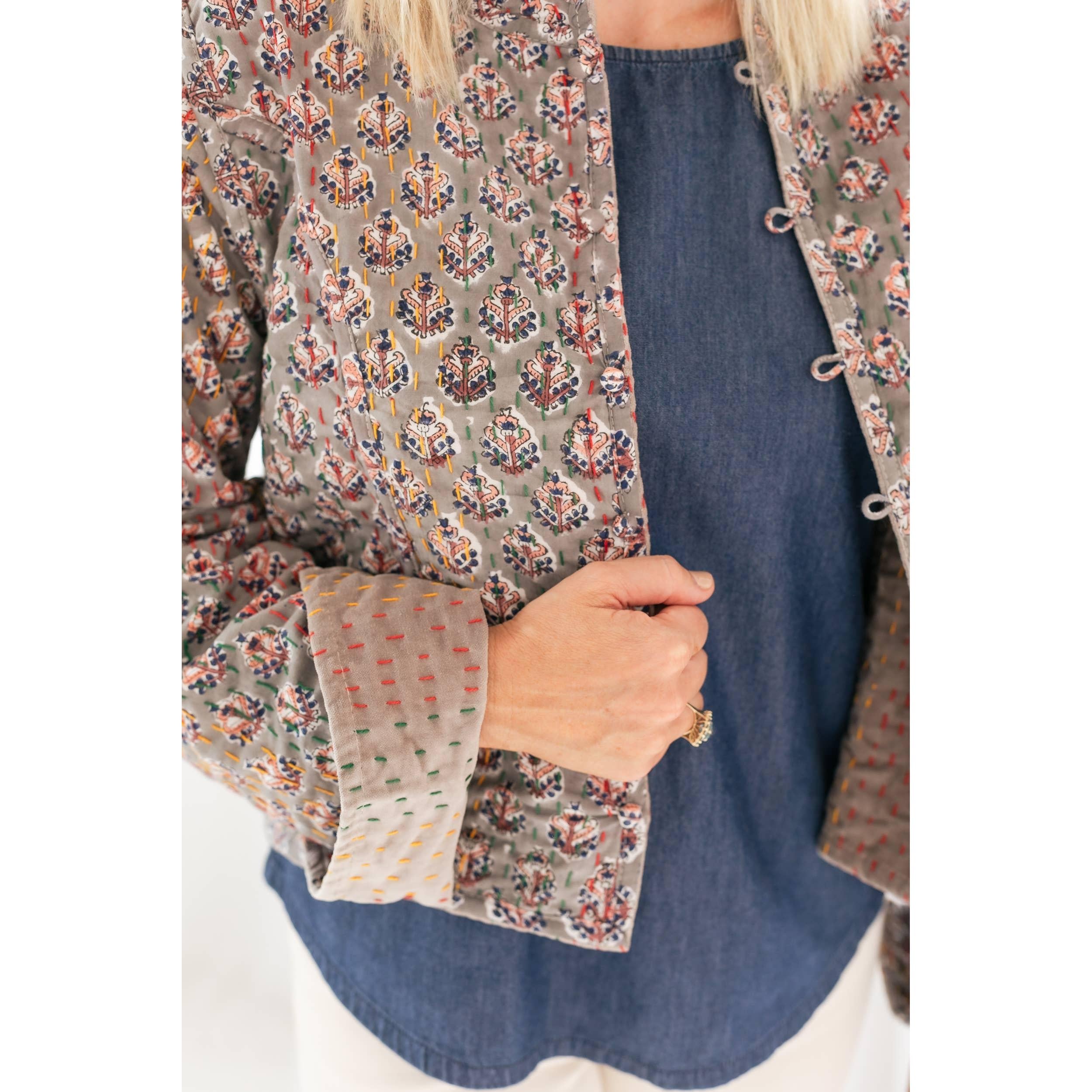 Gray Velvet & Block Print Kantha Jacket- Assorted Sizes