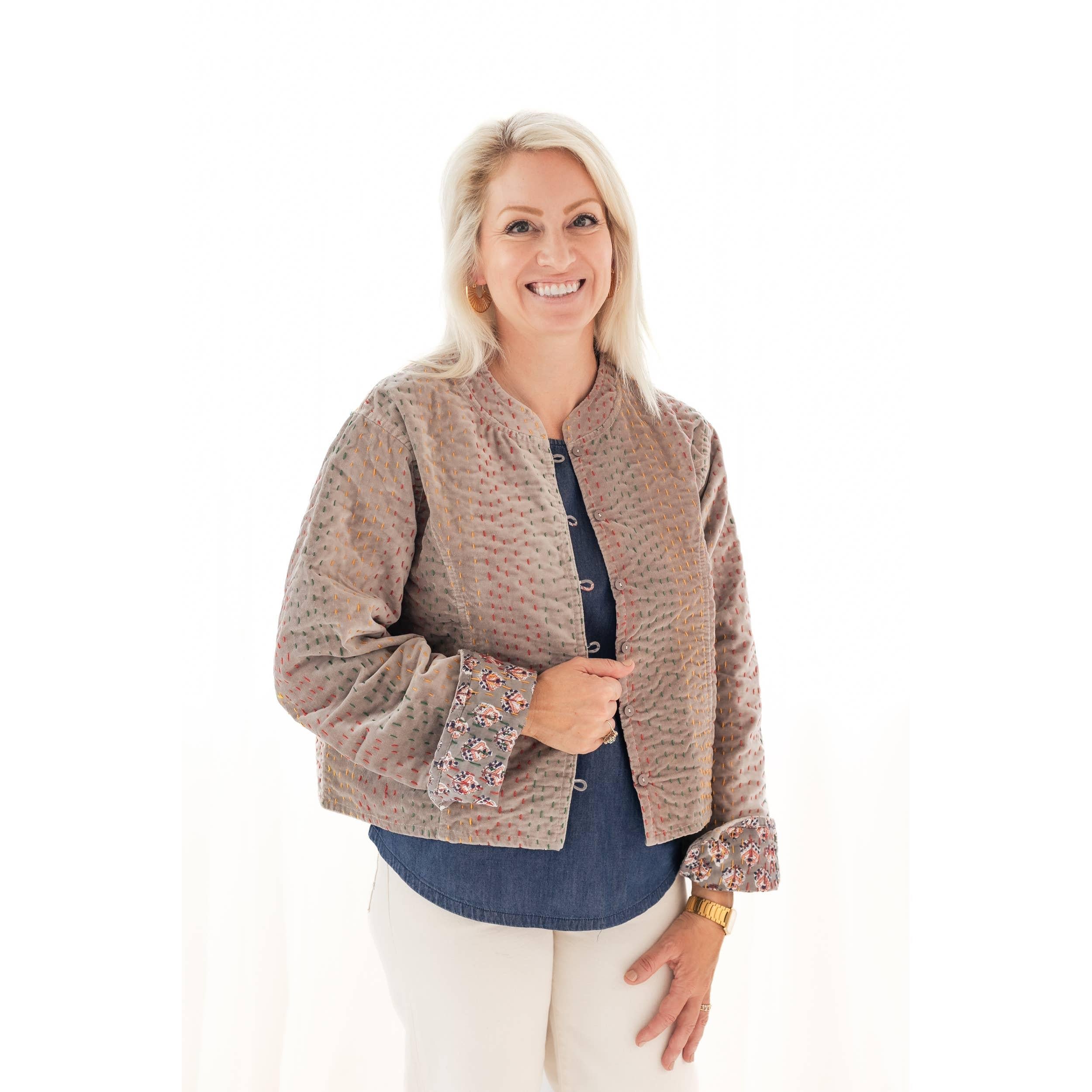 Gray Velvet & Block Print Kantha Jacket- Assorted Sizes