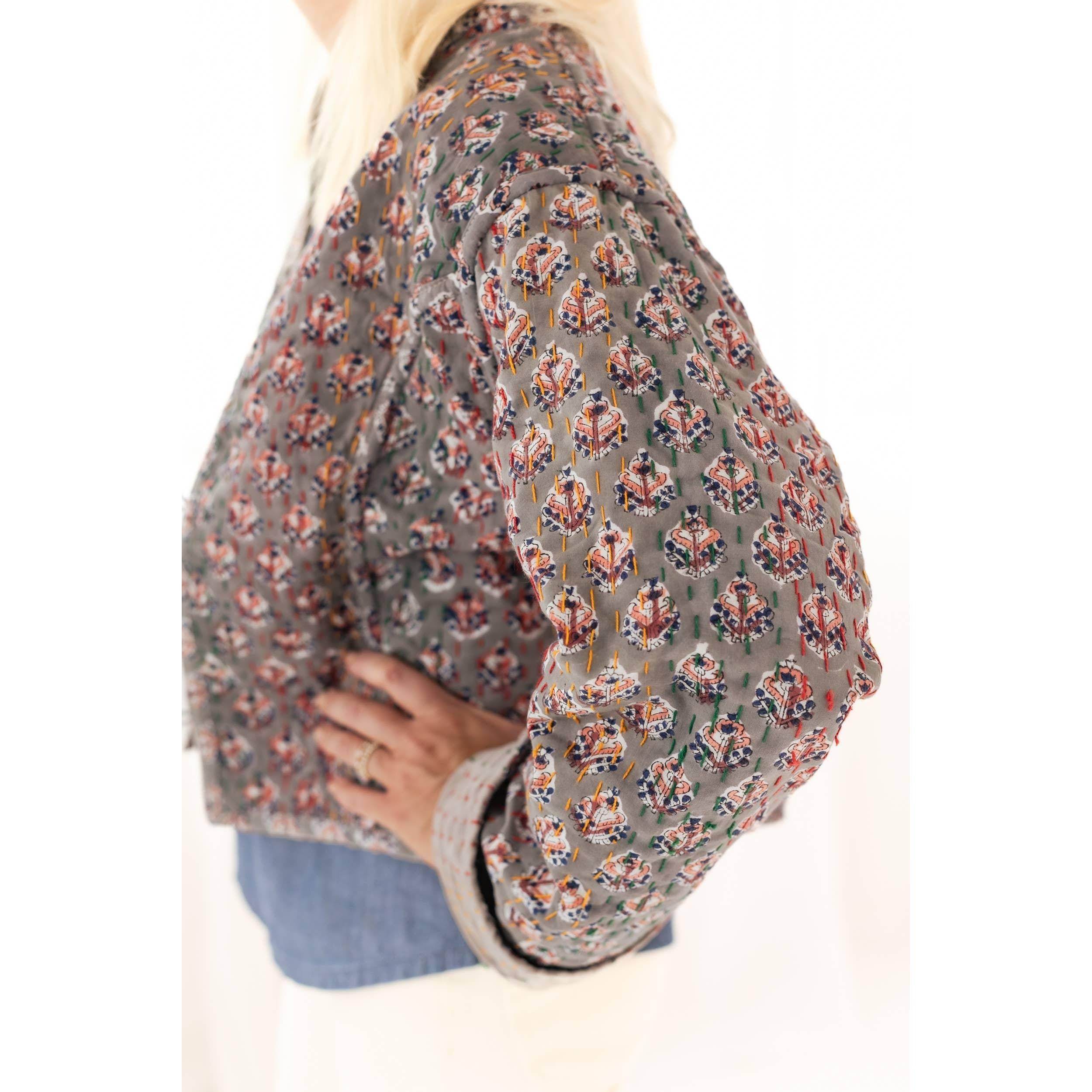 Gray Velvet & Block Print Kantha Jacket- Assorted Sizes