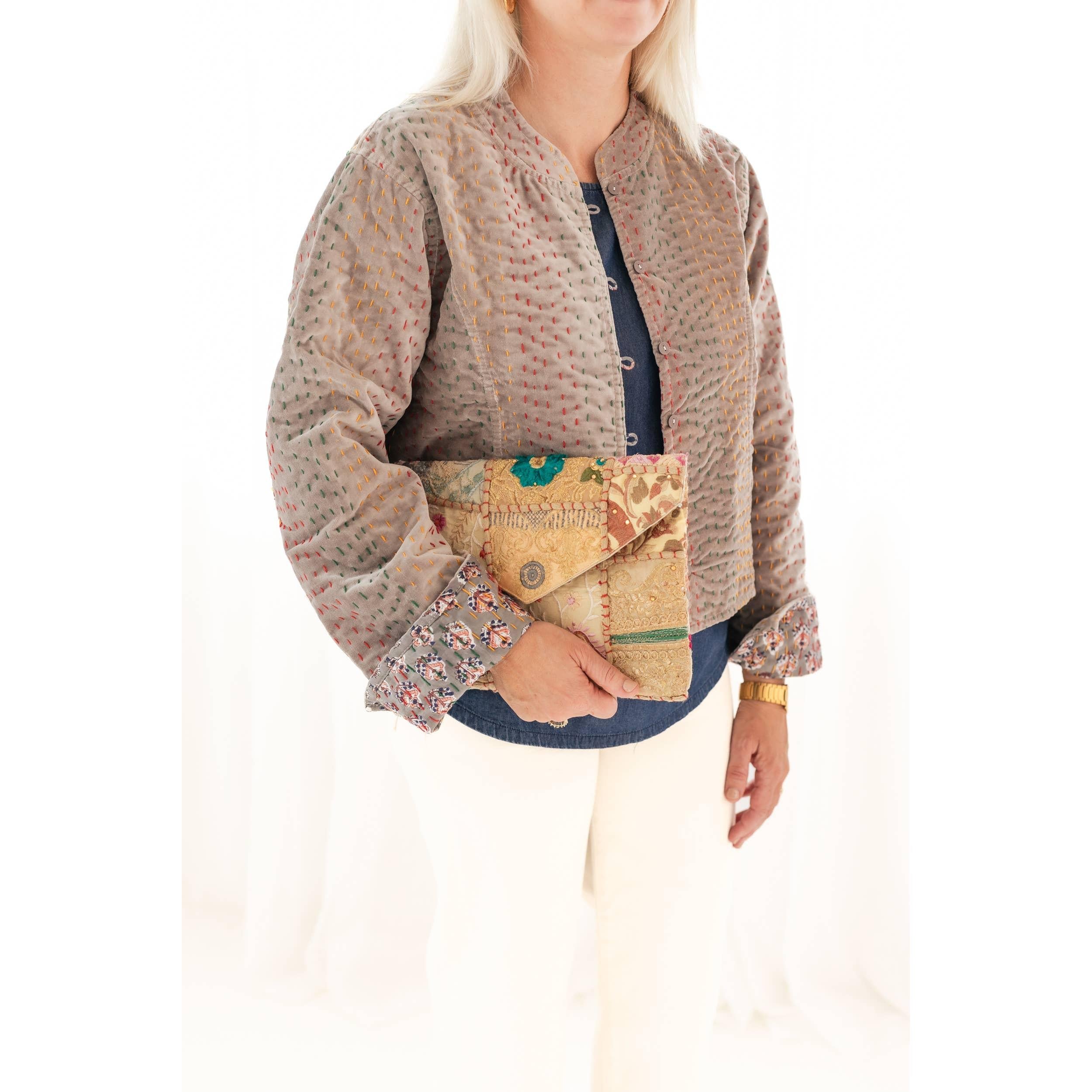 Gray Velvet & Block Print Kantha Jacket- Assorted Sizes