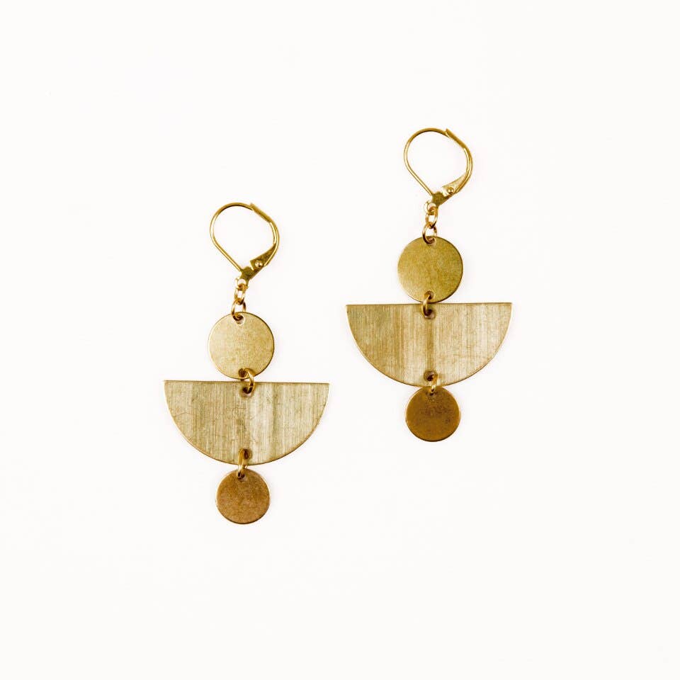 Half Moon and Disc Earrings - Brass