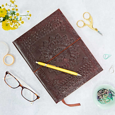 Handcrafted Chocolate Embossed Leather Notebook Journal - Large