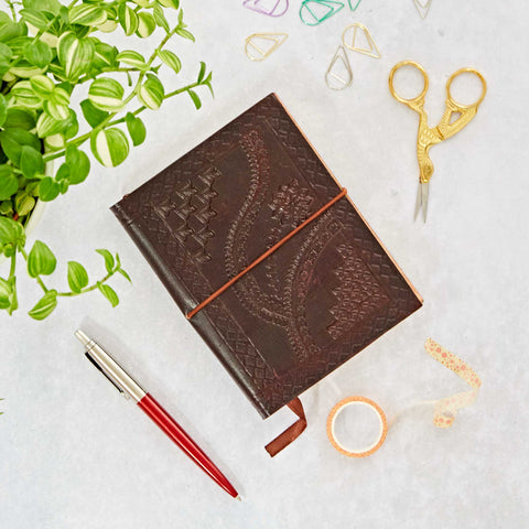 Handcrafted Chocolate Embossed Leather Notebook - Medium