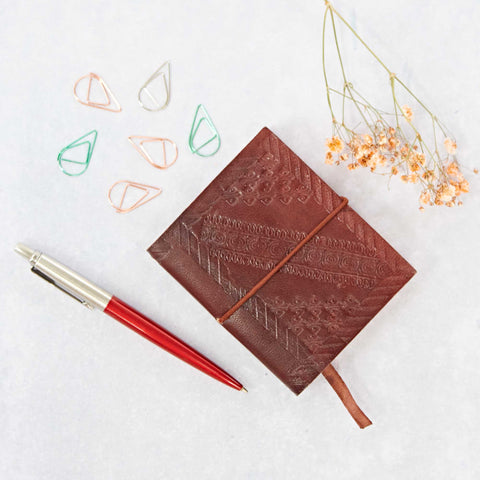 Handcrafted Chocolate Embossed Leather Notebook - Small