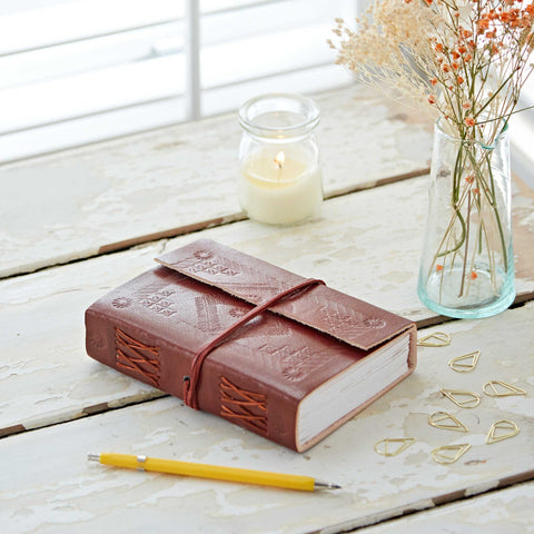 Handmade Embossed Leather Journal - Unlined Notebook Medium