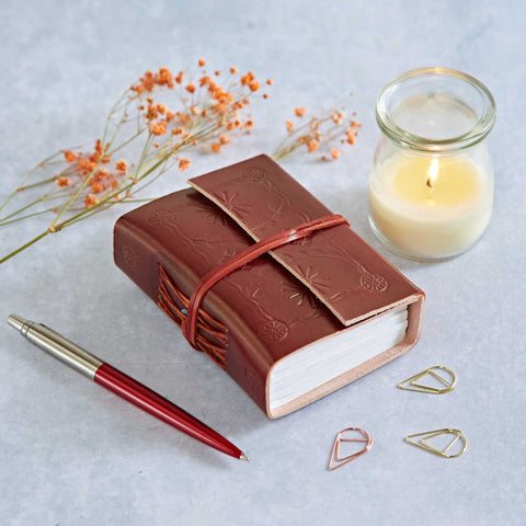 Handmade Embossed Leather Journal - Unlined Notebook Mini