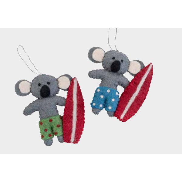 Koala in Boardshorts with Surfboard Ornament- Assorted Styles- Sold Individually