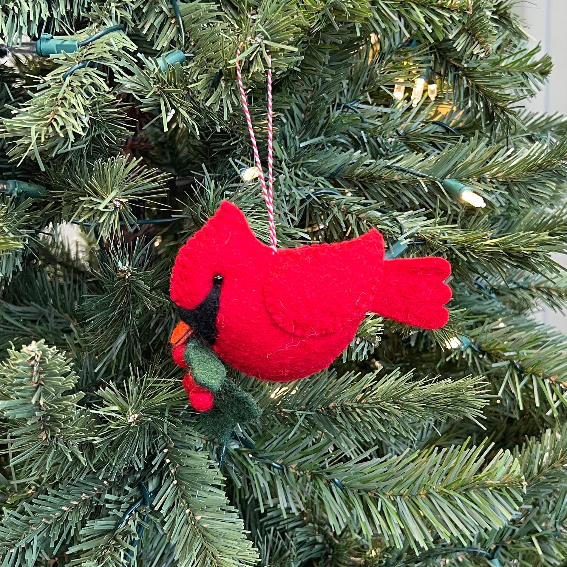 Large Cardinal with Holly Felt Wool Christmas Ornament