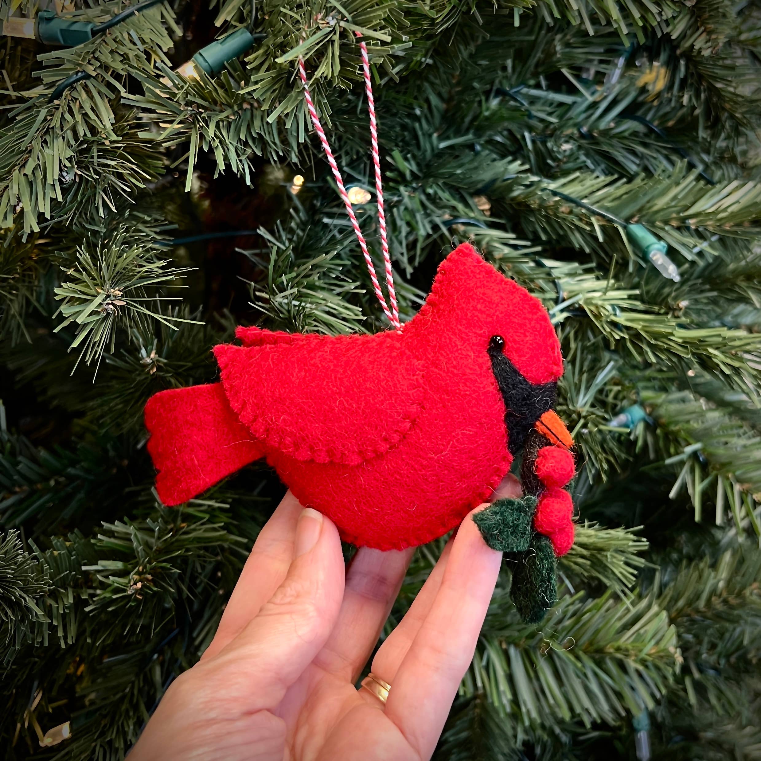 Large Cardinal with Holly Felt Wool Ornament