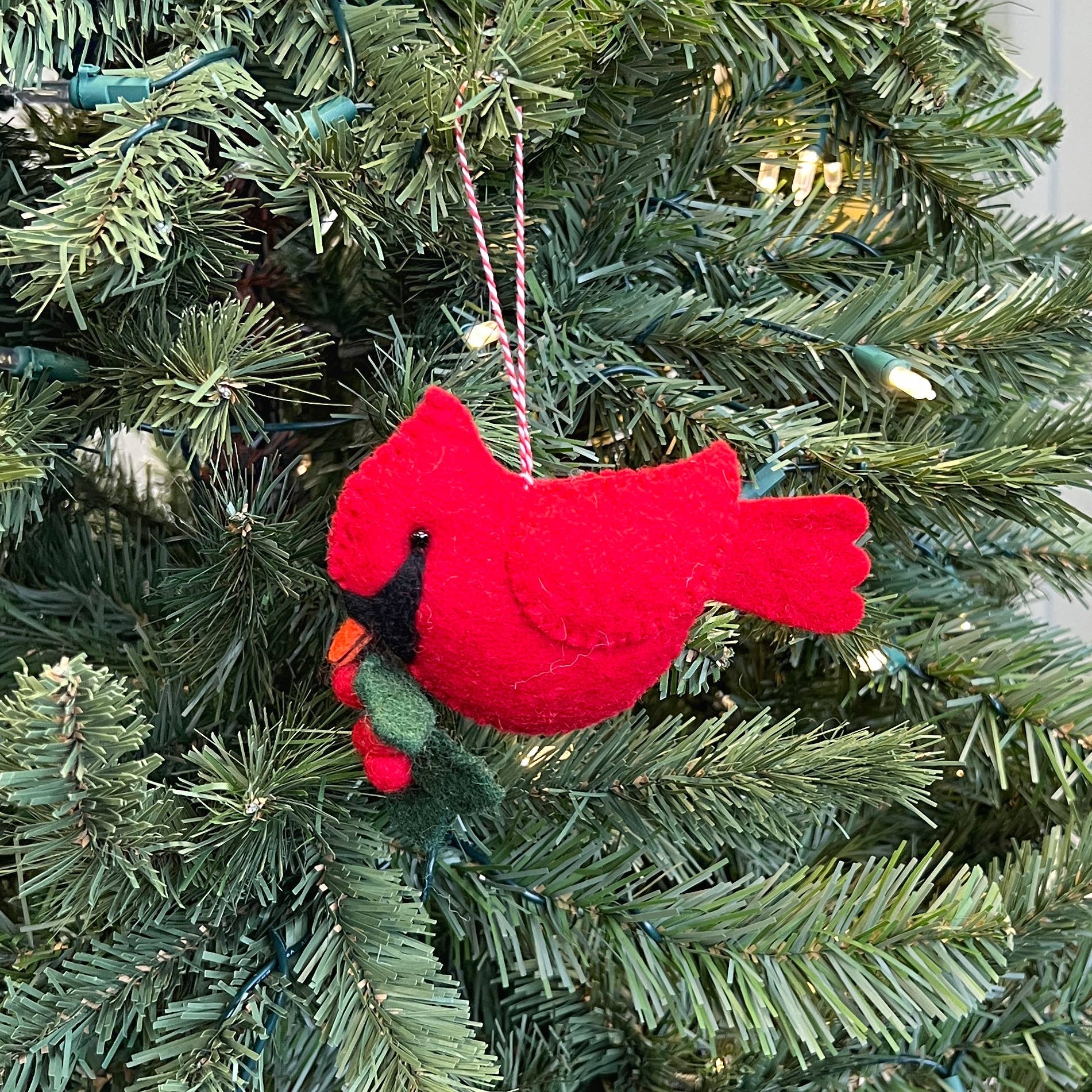 Large Cardinal with Holly Felt Wool Ornament