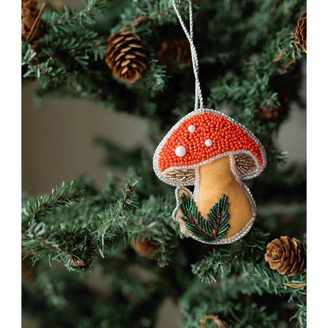 Larissa Plush Mushroom Beaded Felt Ornament - Embroidered
