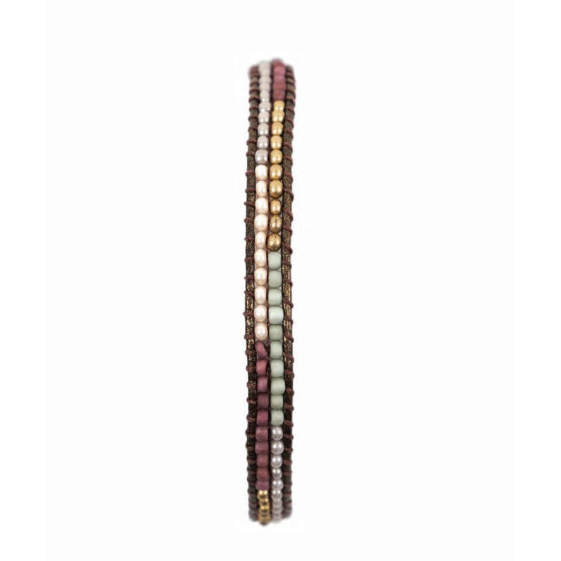 Layered Stripes Bead and Leather Bracelet- Assorted Colors