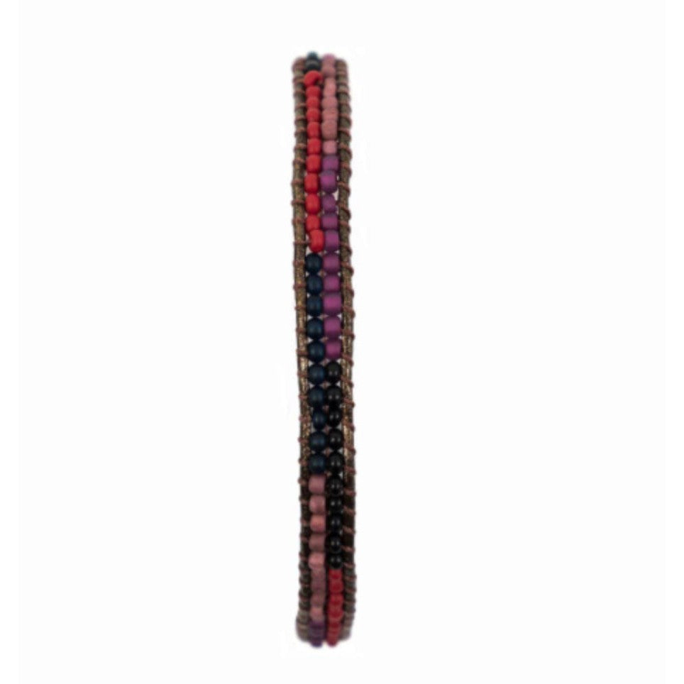 Layered Stripes Bead and Leather Bracelet- Assorted Colors