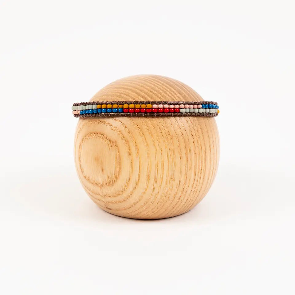 Layered Stripes Bead and Leather Bracelet- Assorted Colors