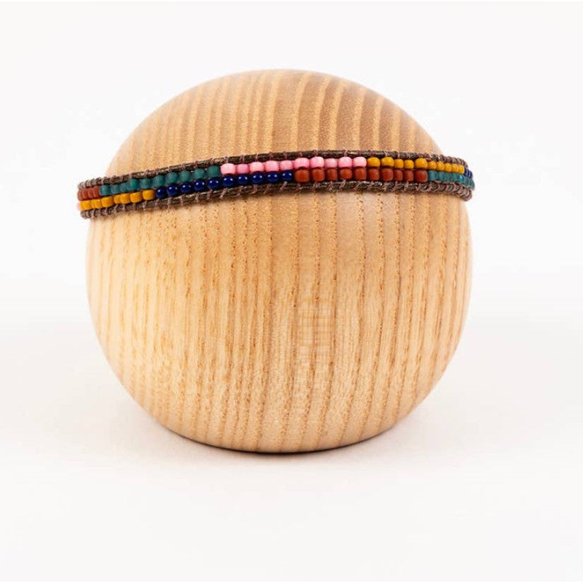 Layered Stripes Bead and Leather Bracelet- Assorted Colors