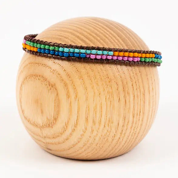Layered Stripes Bead and Leather Bracelet- Assorted Colors
