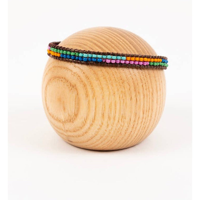 Layered Stripes Bead and Leather Bracelet- Assorted Colors