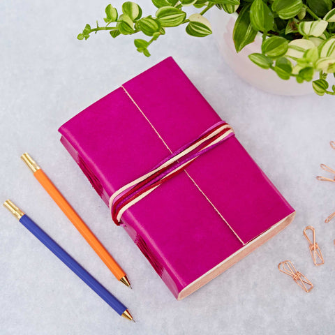 Leather String Bound Notebook - Cerise