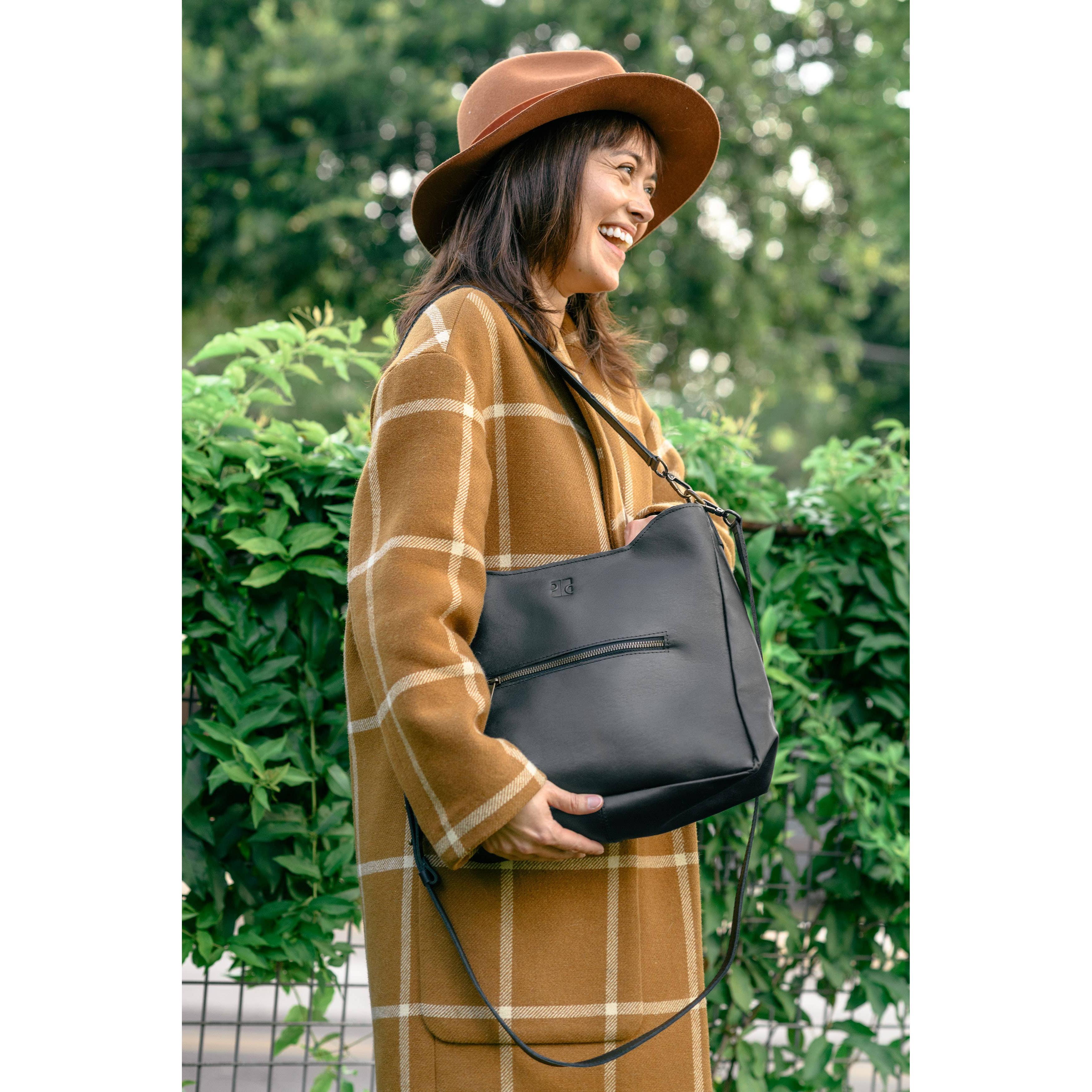 Midsized Black Leather Crossbody + Shoulder Bag