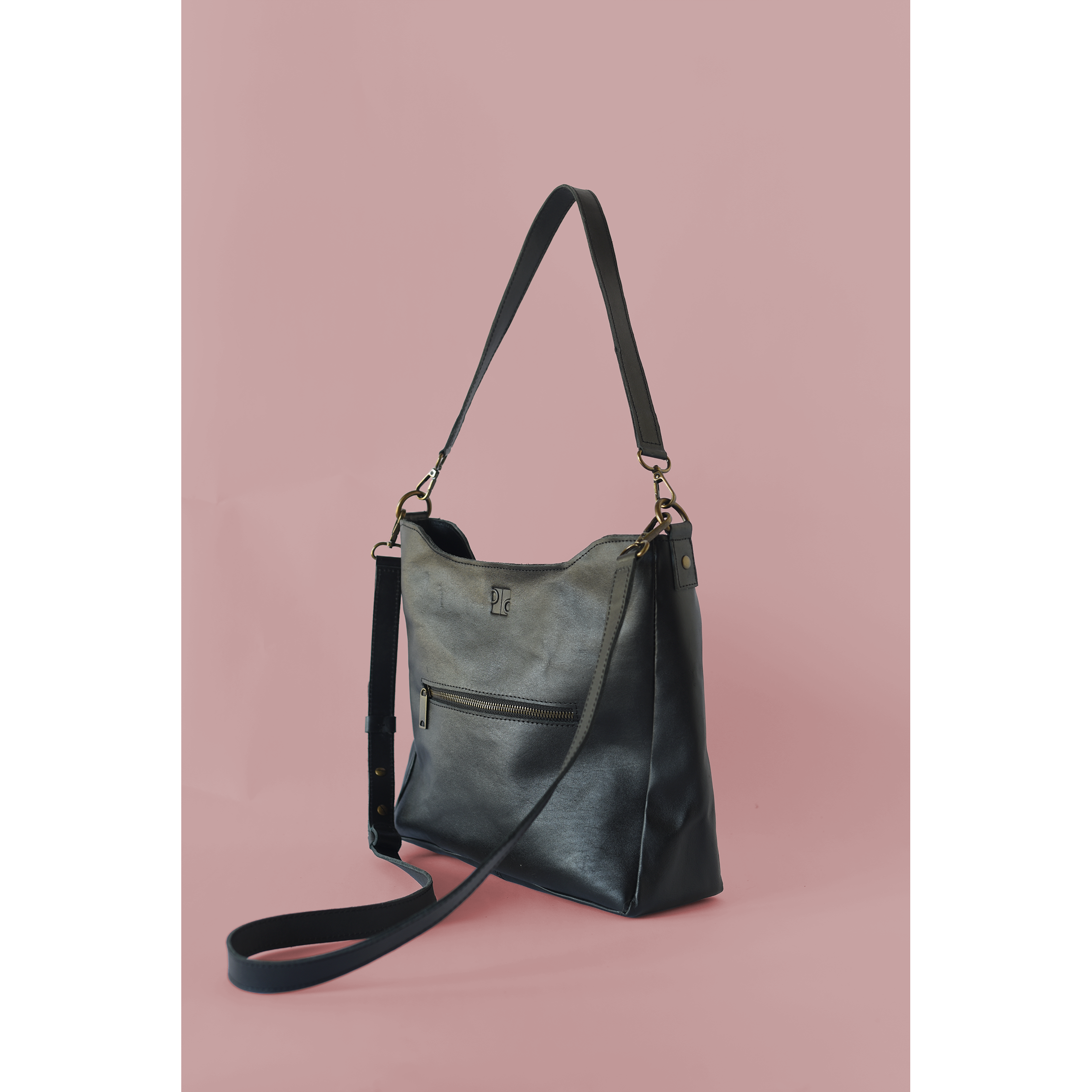 Midsized Black Leather Crossbody + Shoulder Bag