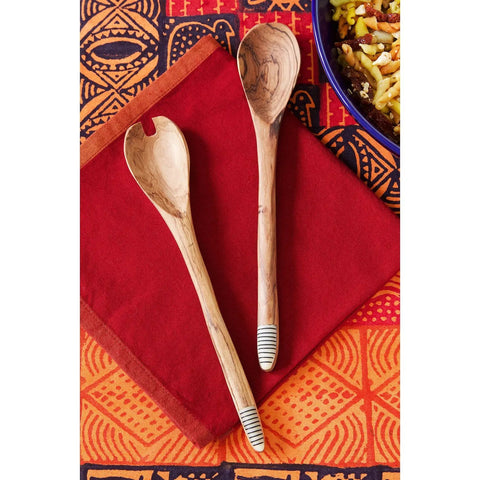 Notched Wild Olive Wood Salad Servers with Etched White Bone