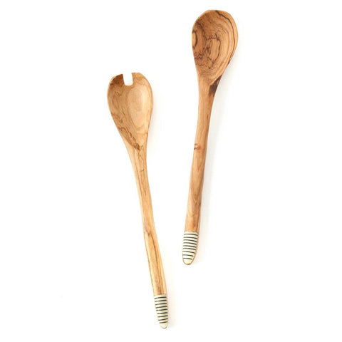 Notched Wild Olive Wood Salad Servers with Etched White Bone