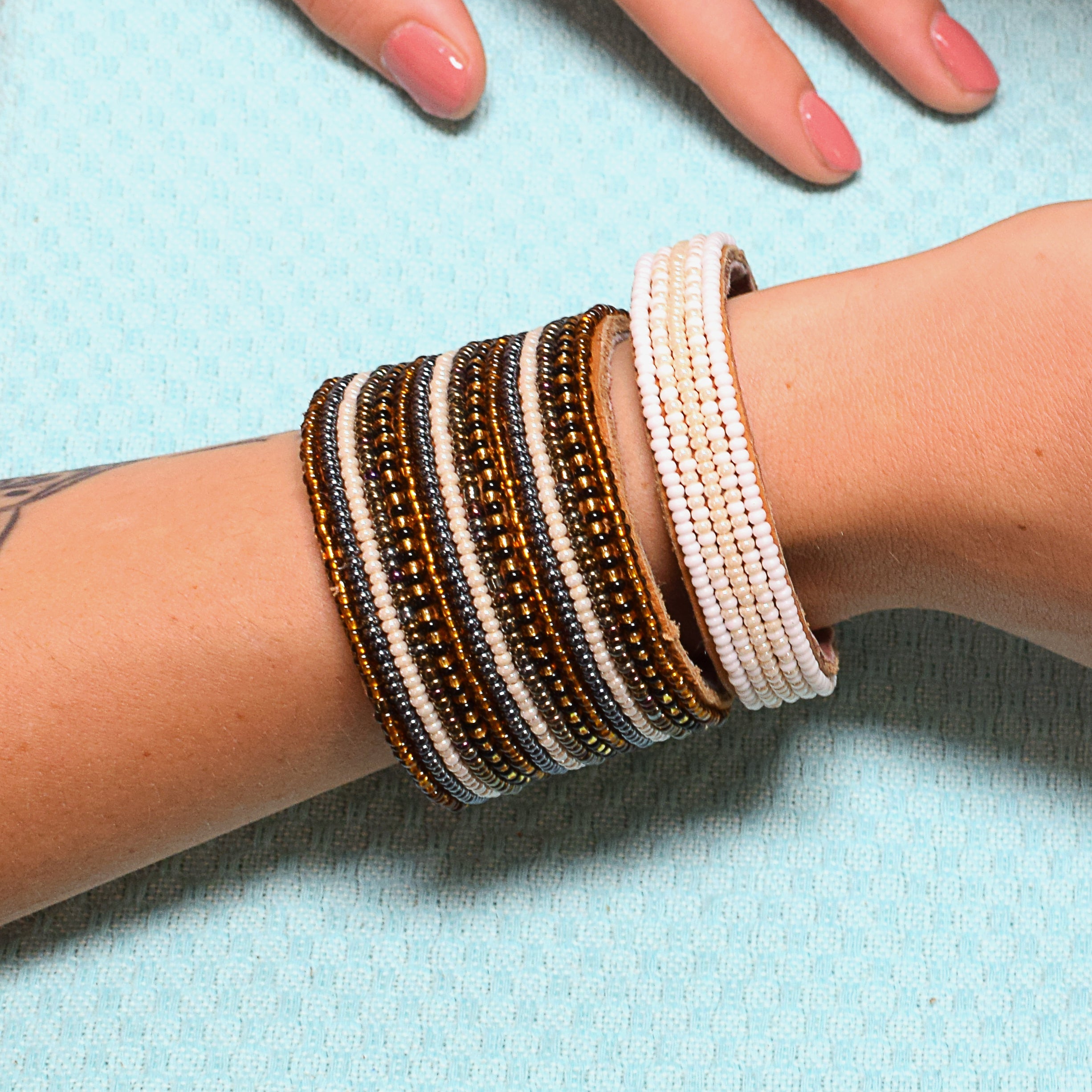 Pearl and White Stripe Leather Cuff- Assorted Sizes