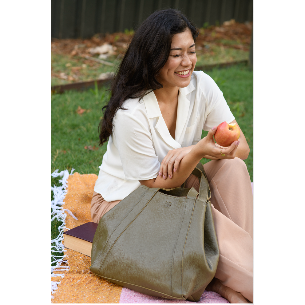 Pebbled Olive Green Leather Origami Shoulder Bag