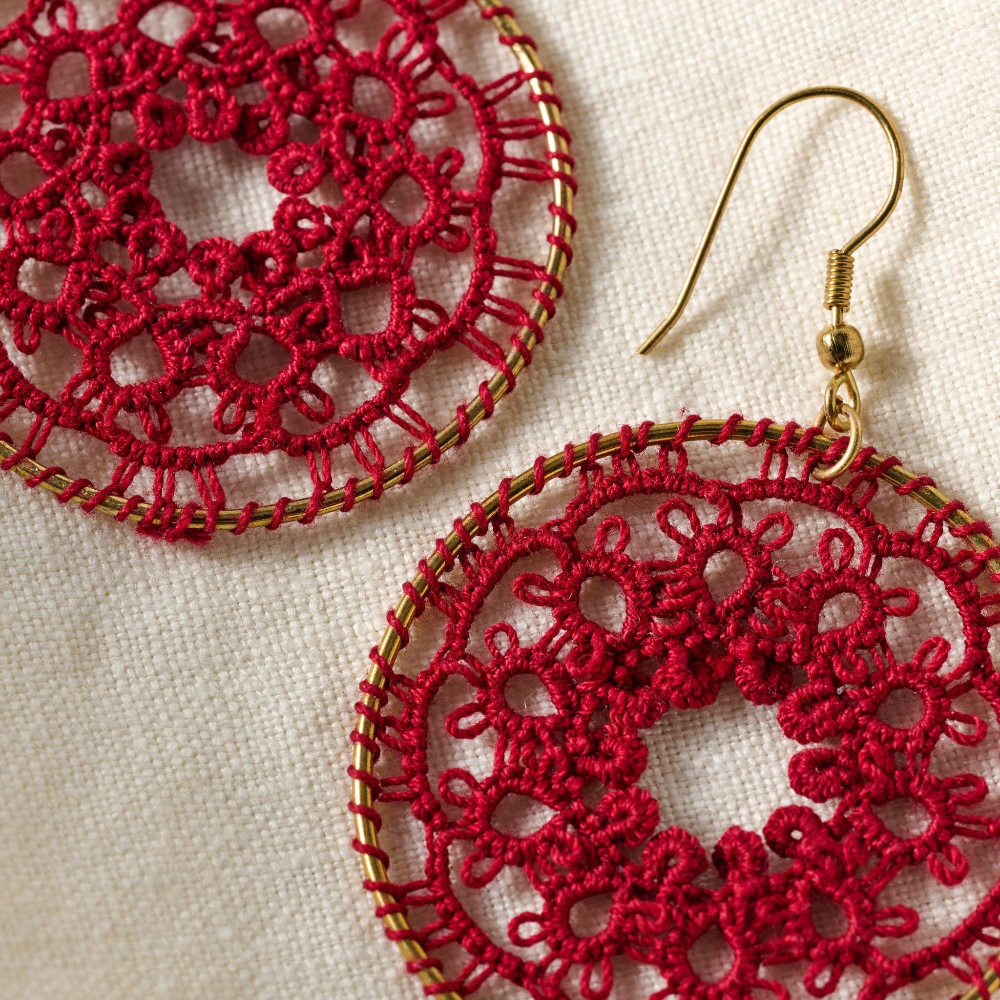 Red Medallion Tatted Drop Earrings