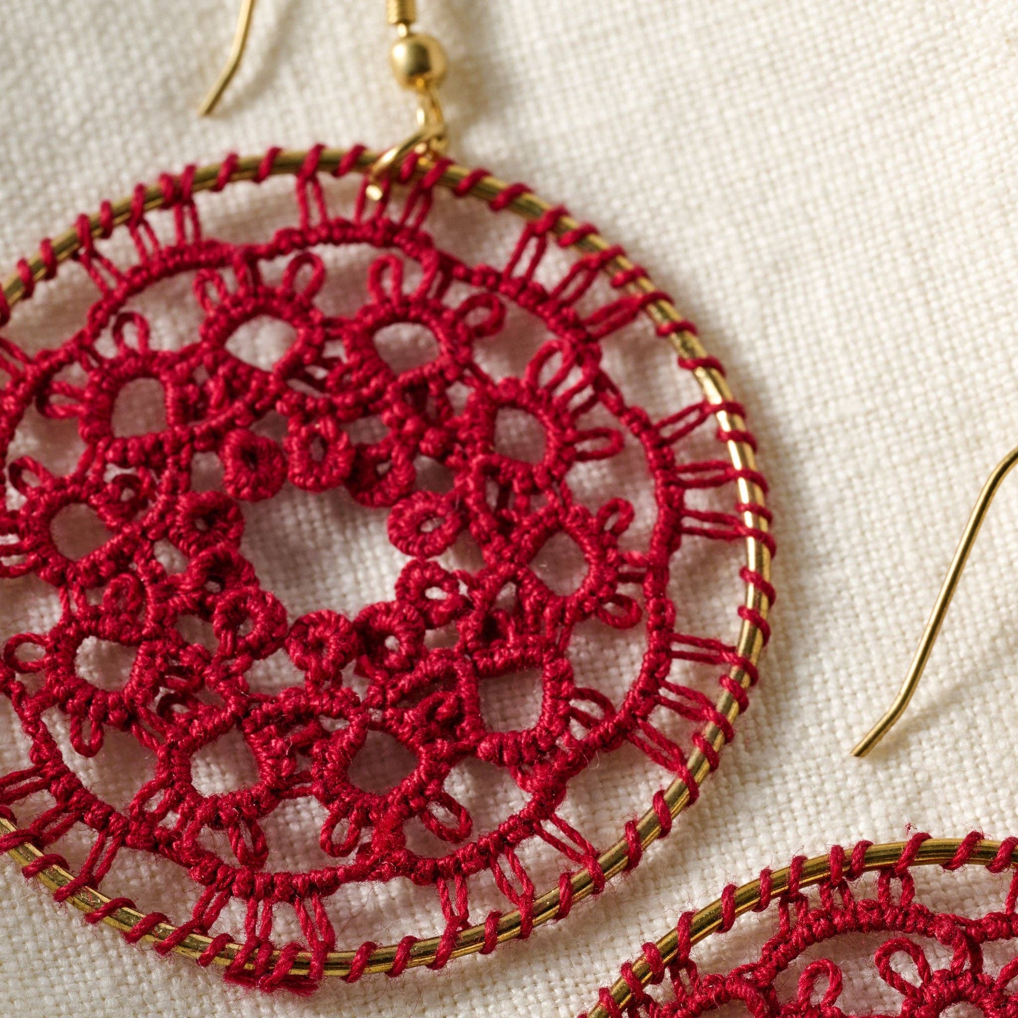 Red Medallion Tatted Drop Earrings