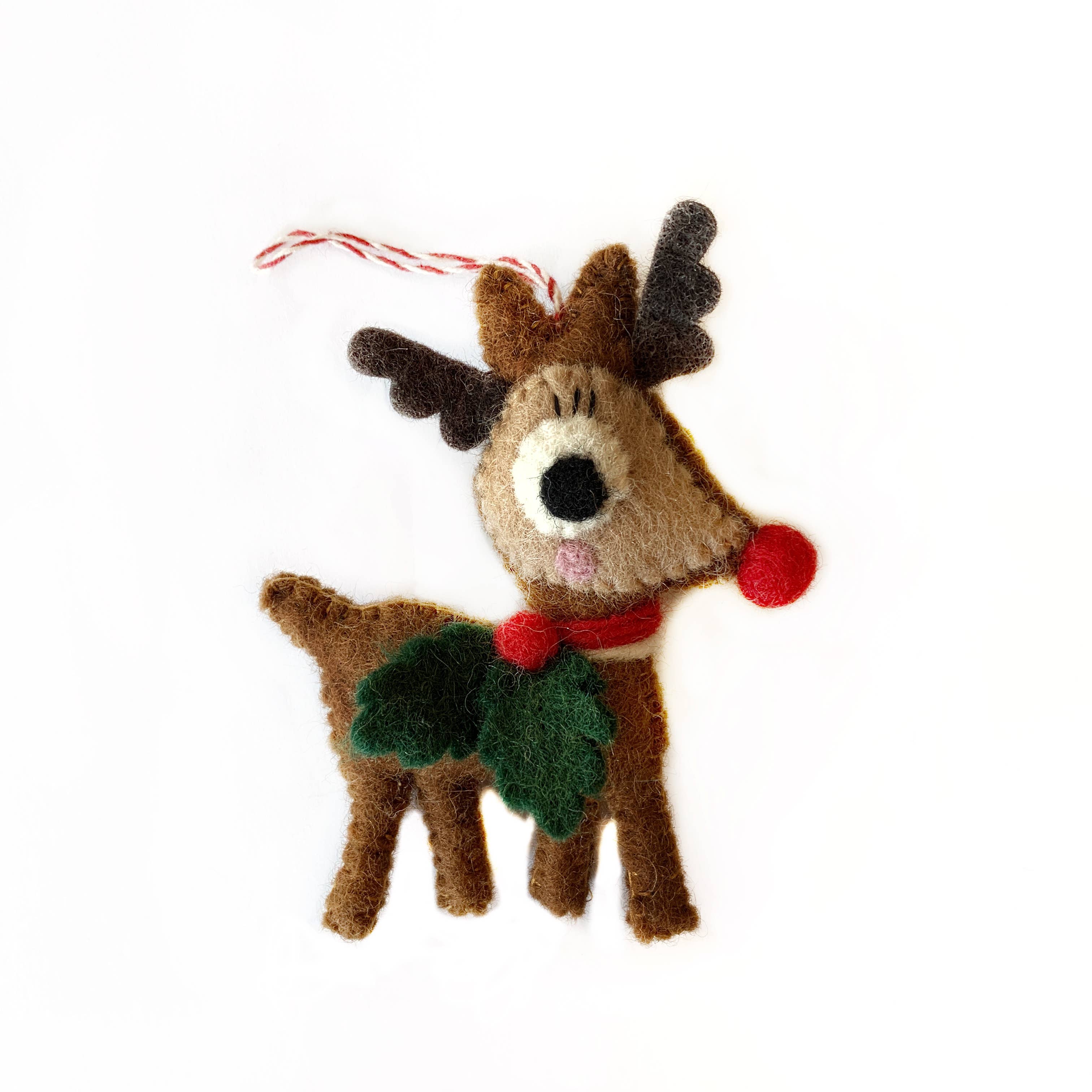 Reindeer with Holly Felt Wool Ornament