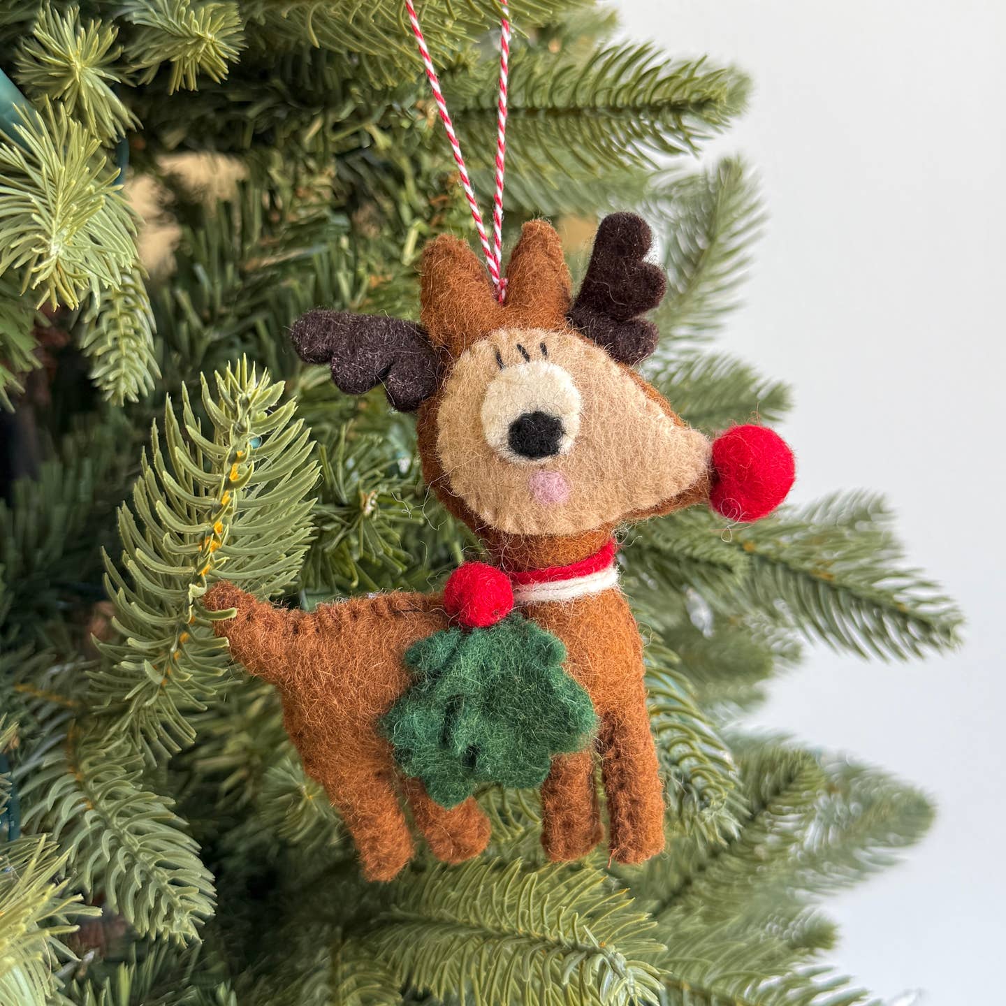 Reindeer with Holly Felt Wool Ornament