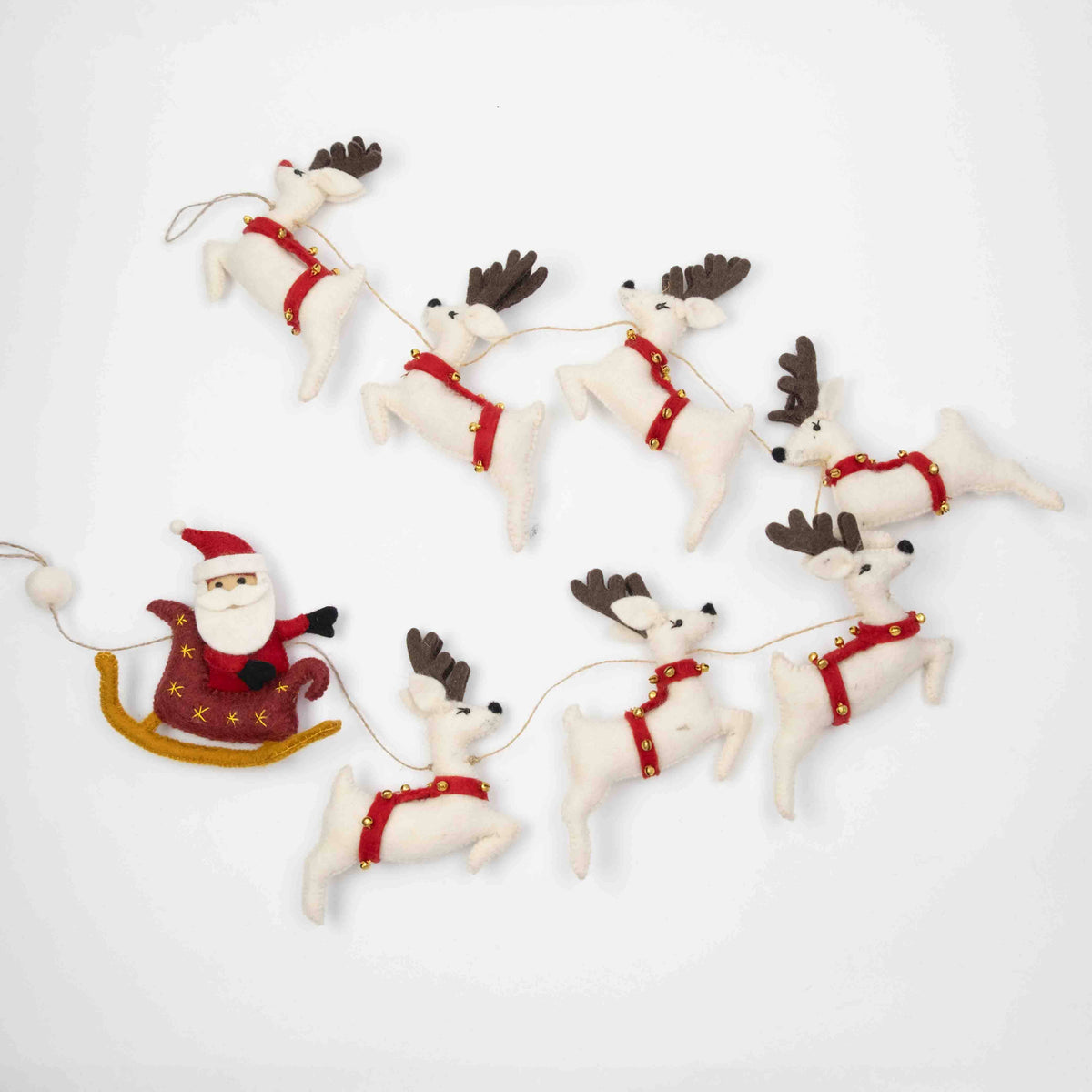 Santa with Sleigh and 7 White Reindeer Garland