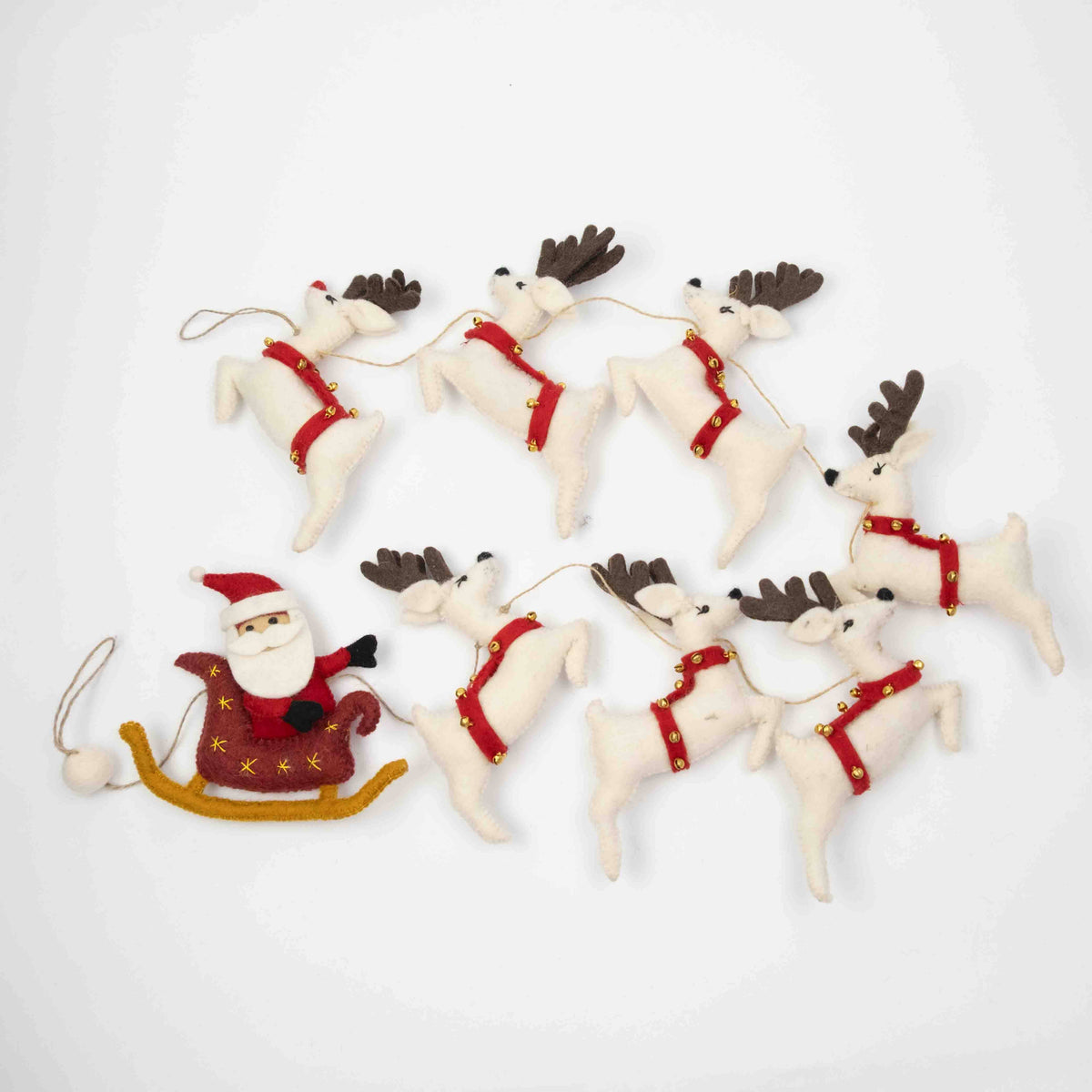 Santa with Sleigh and 7 White Reindeer Garland