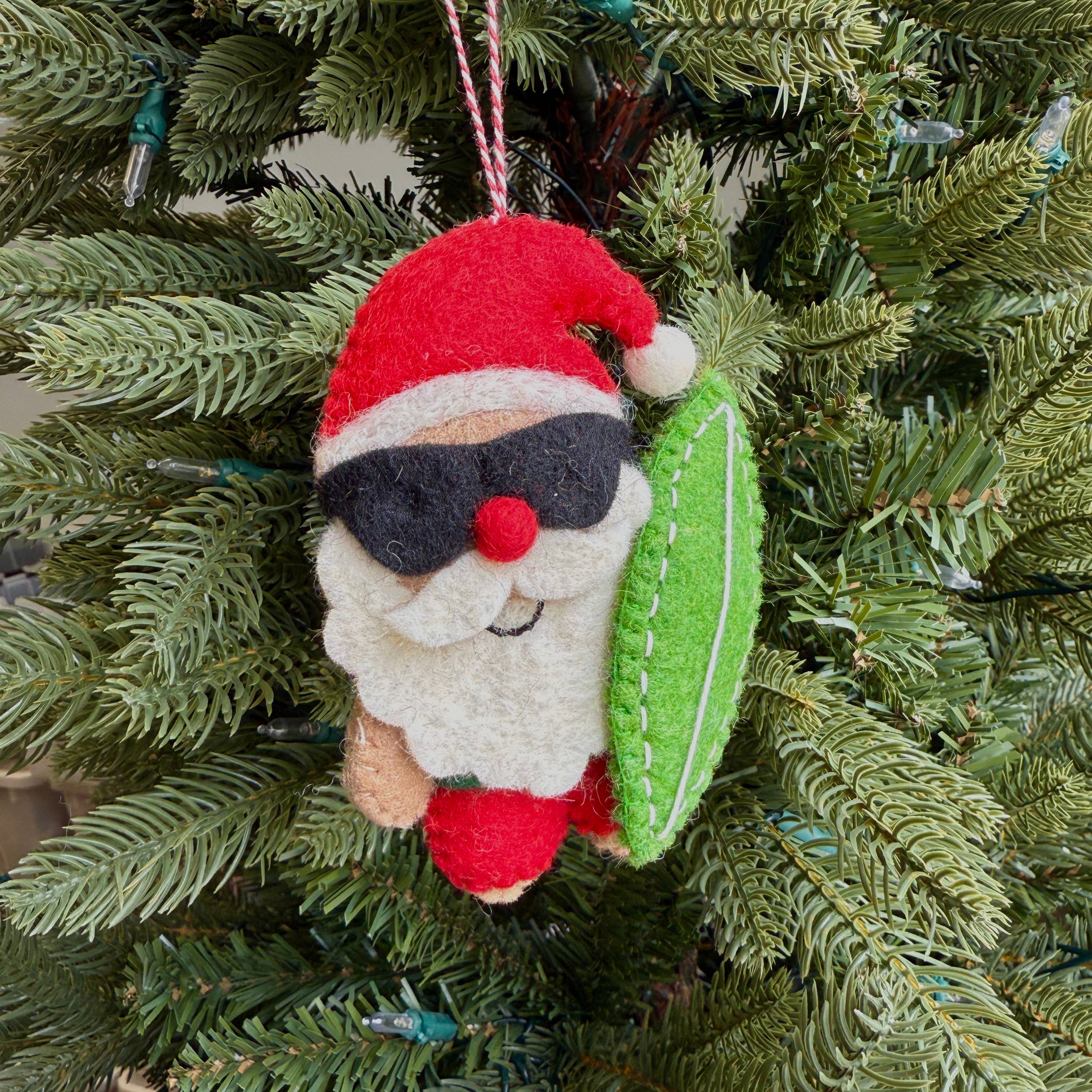 Santa with Surfboard Felt Wool Ornament 