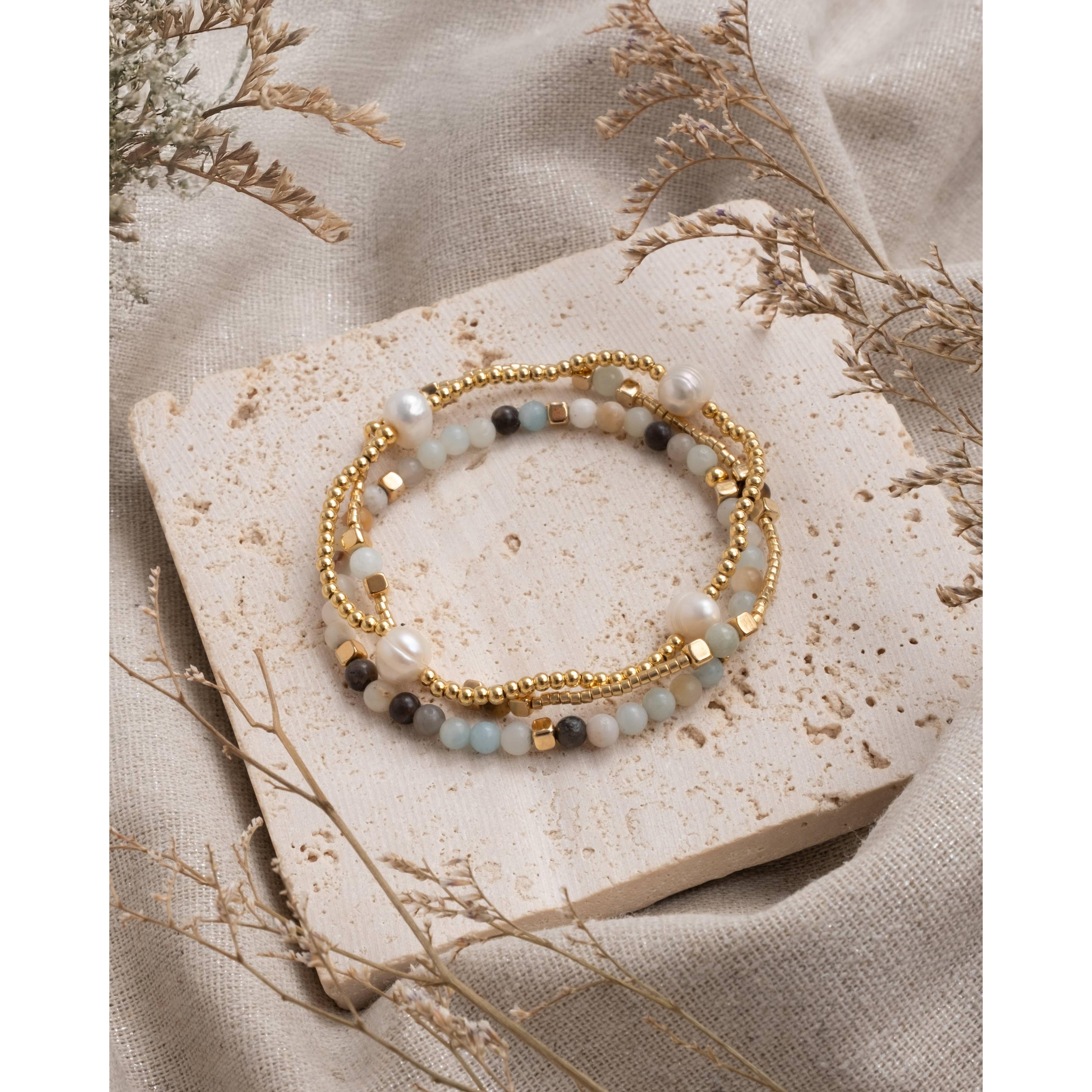 Set/3 Gem and Pearl Miyuki Stretch Bracelets- Assorted Colors