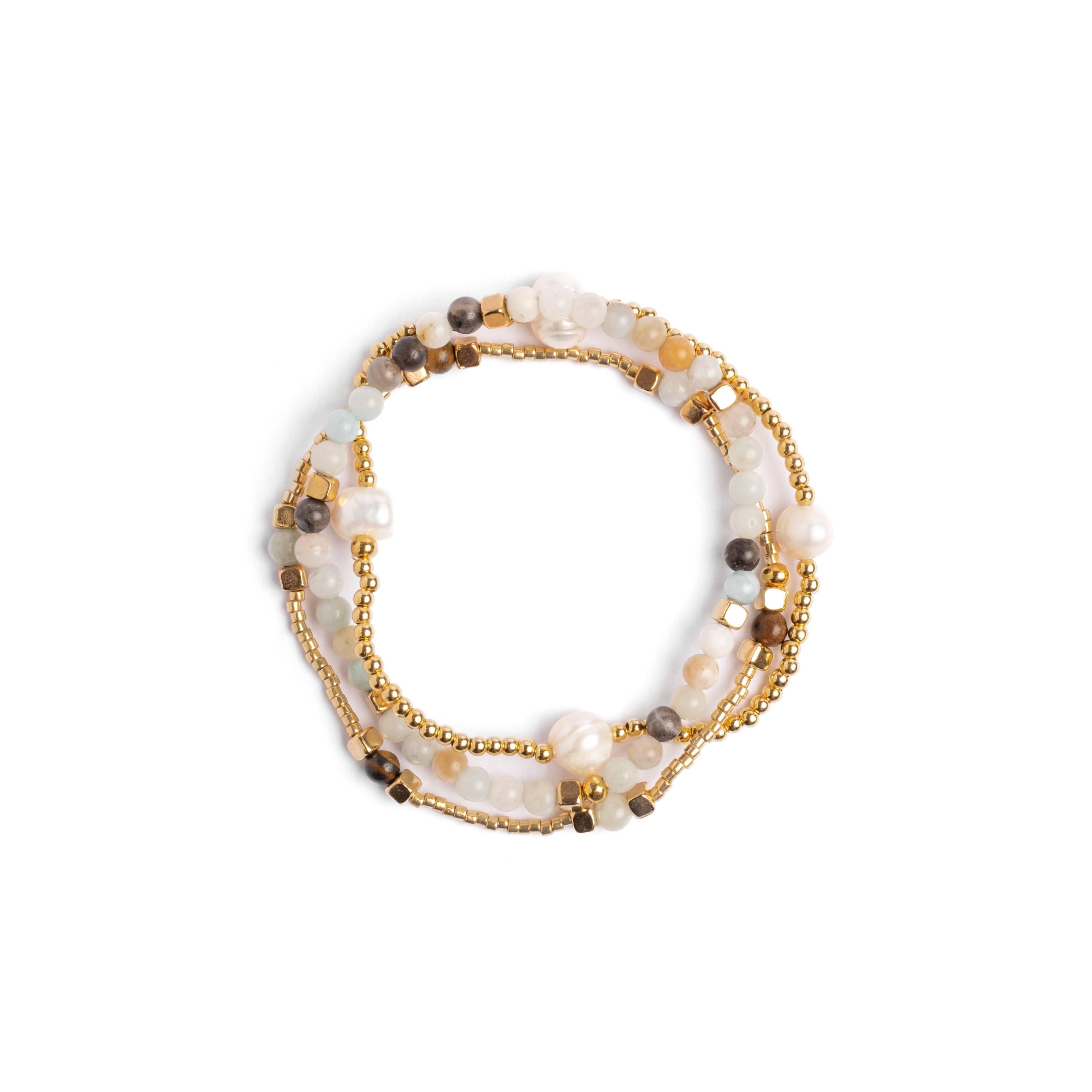 Set/3 Gem and Pearl Miyuki Stretch Bracelets- Assorted Colors