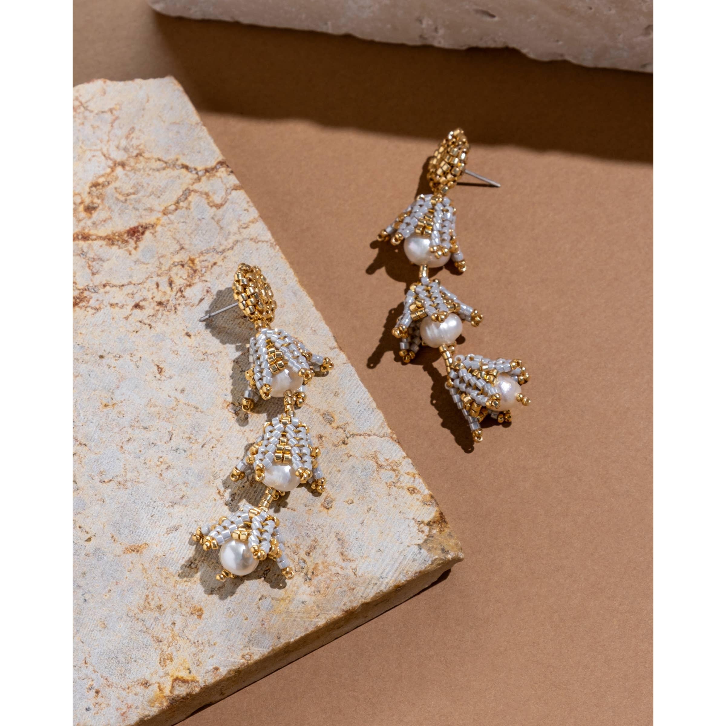 Silver Beaded Handwoven Bell Drop and Pearl Earrings