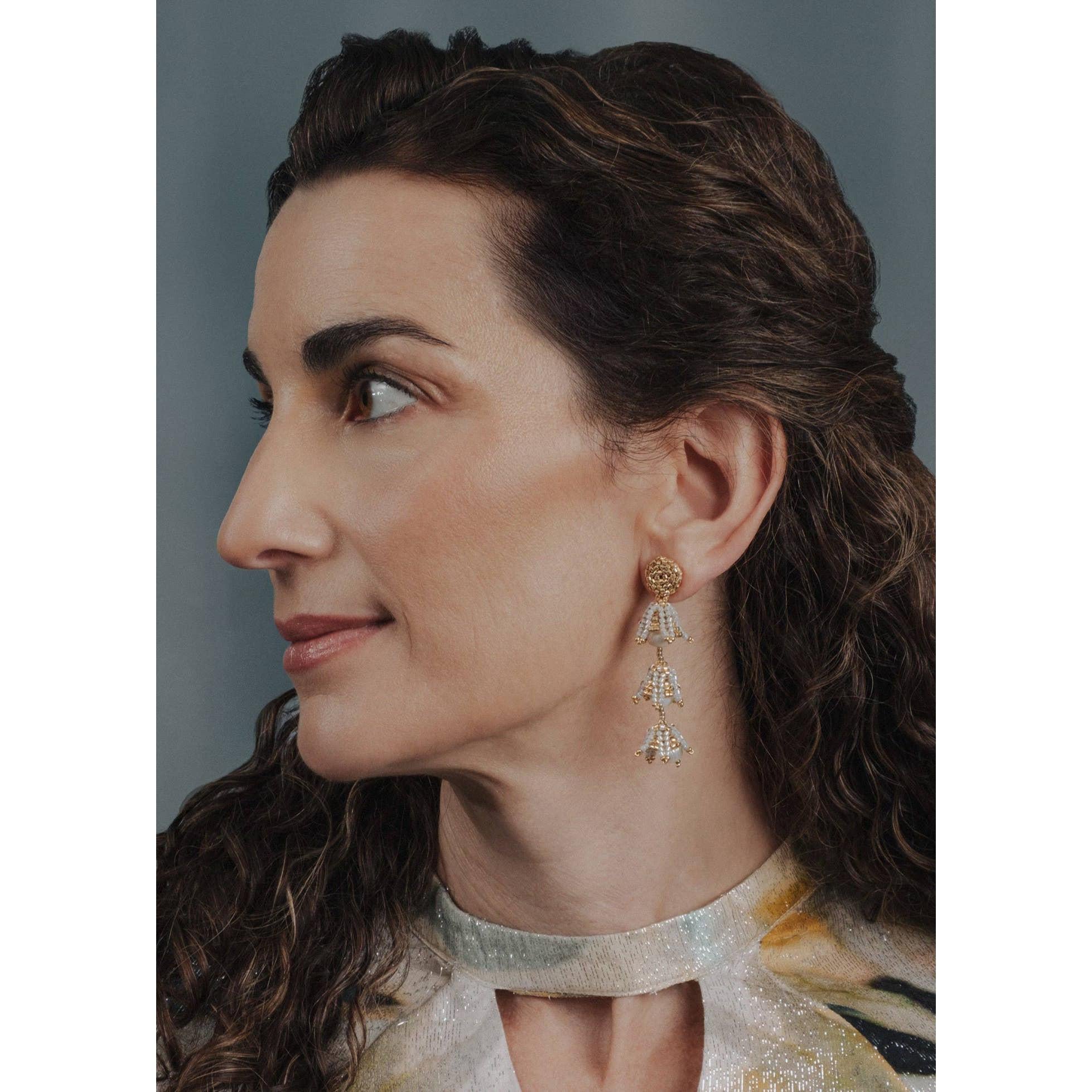 Silver Beaded Handwoven Bell Drop and Pearl Earrings