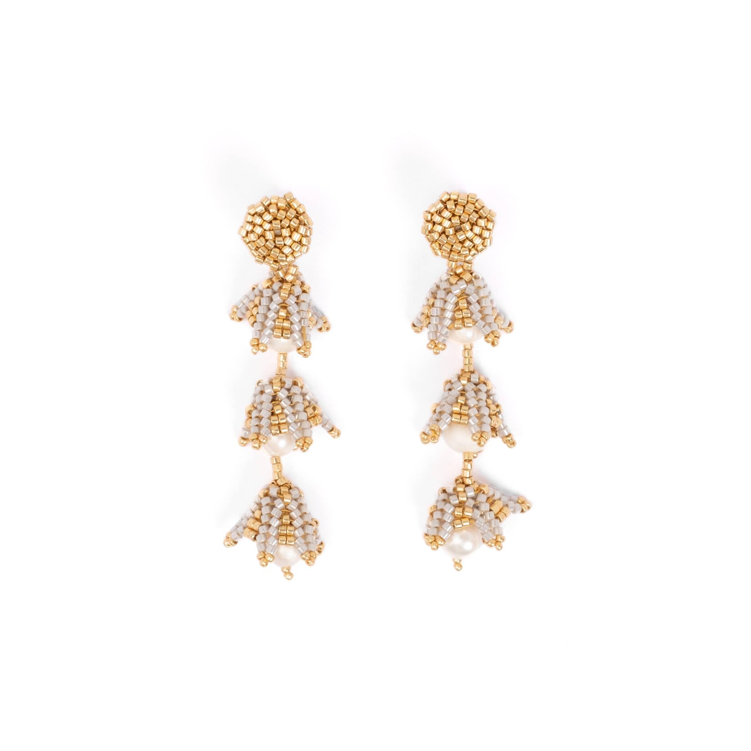 Silver Beaded Handwoven Bell Drop and Pearl Earrings