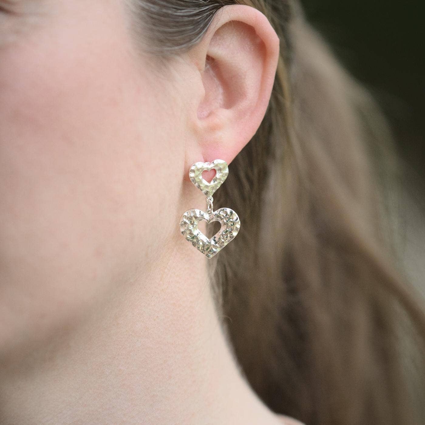 Silver Plated Hammered Heart Dangle Earrings