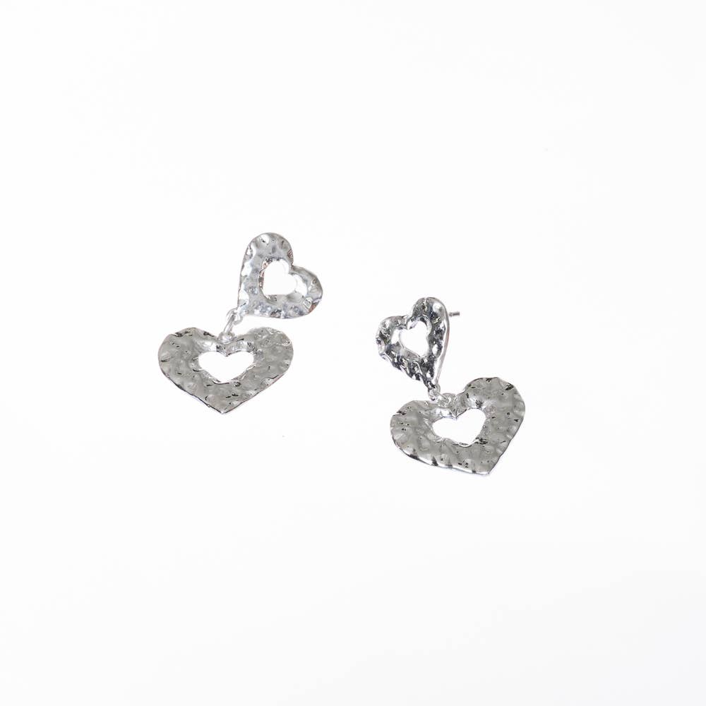 Silver Plated Hammered Heart Dangle Earrings