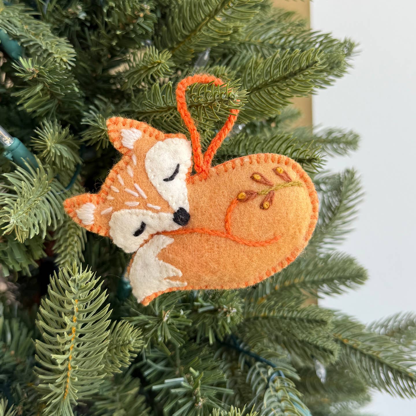 Sleeping Fox Embroidered Wool Ornament