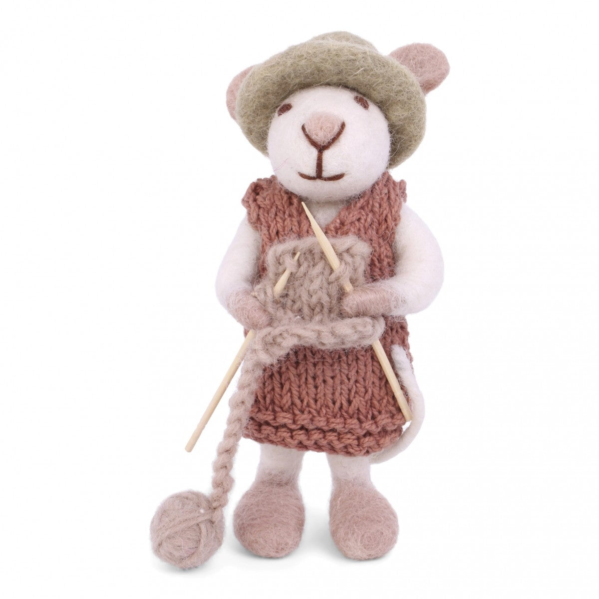 Small Felt Knitting White Mouse Ornament