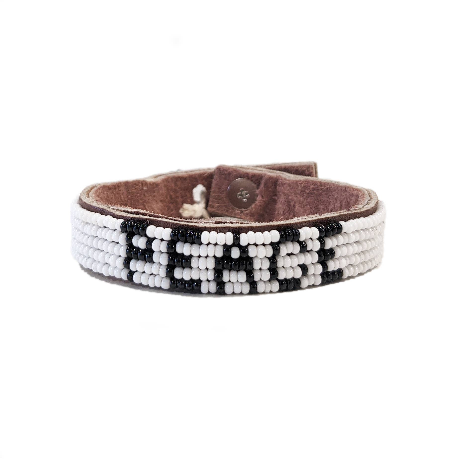 Small Peace Beaded Leather Cuff - White - Affirmations