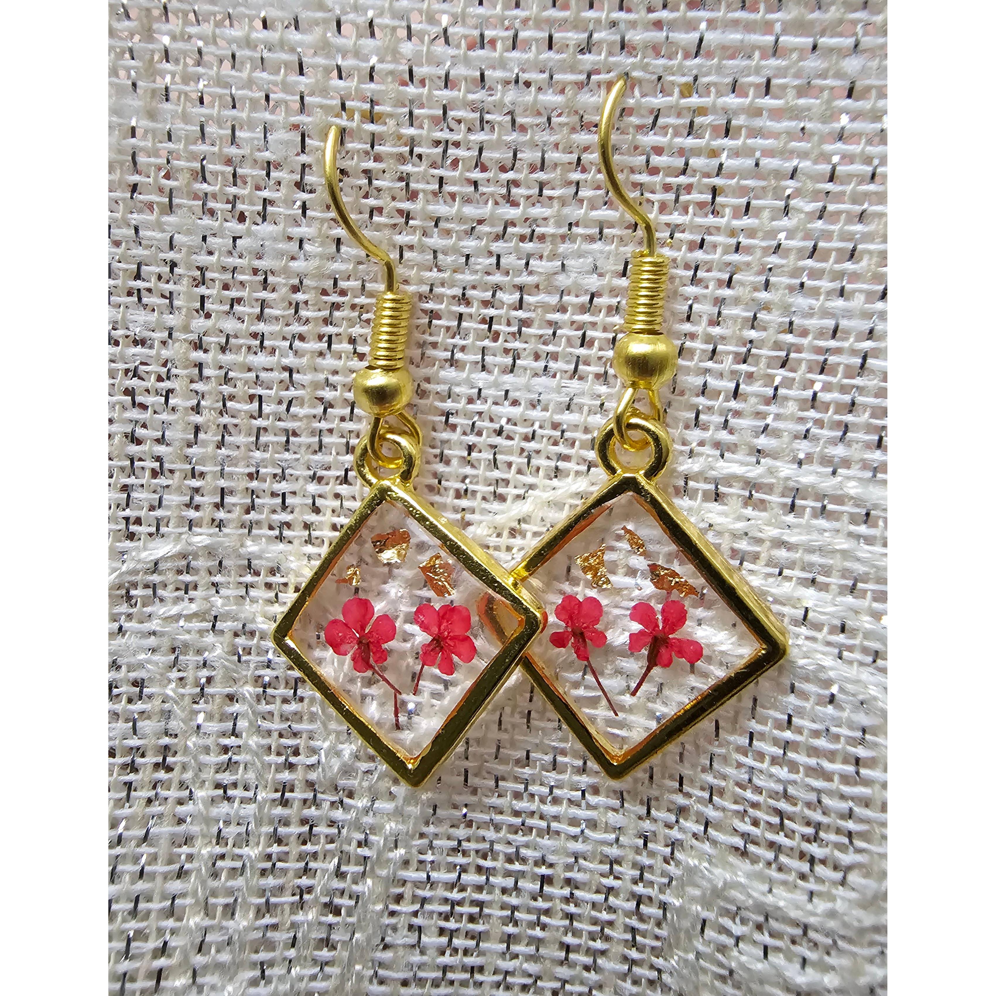 Small Red Flowers with Gold Flake Earrings