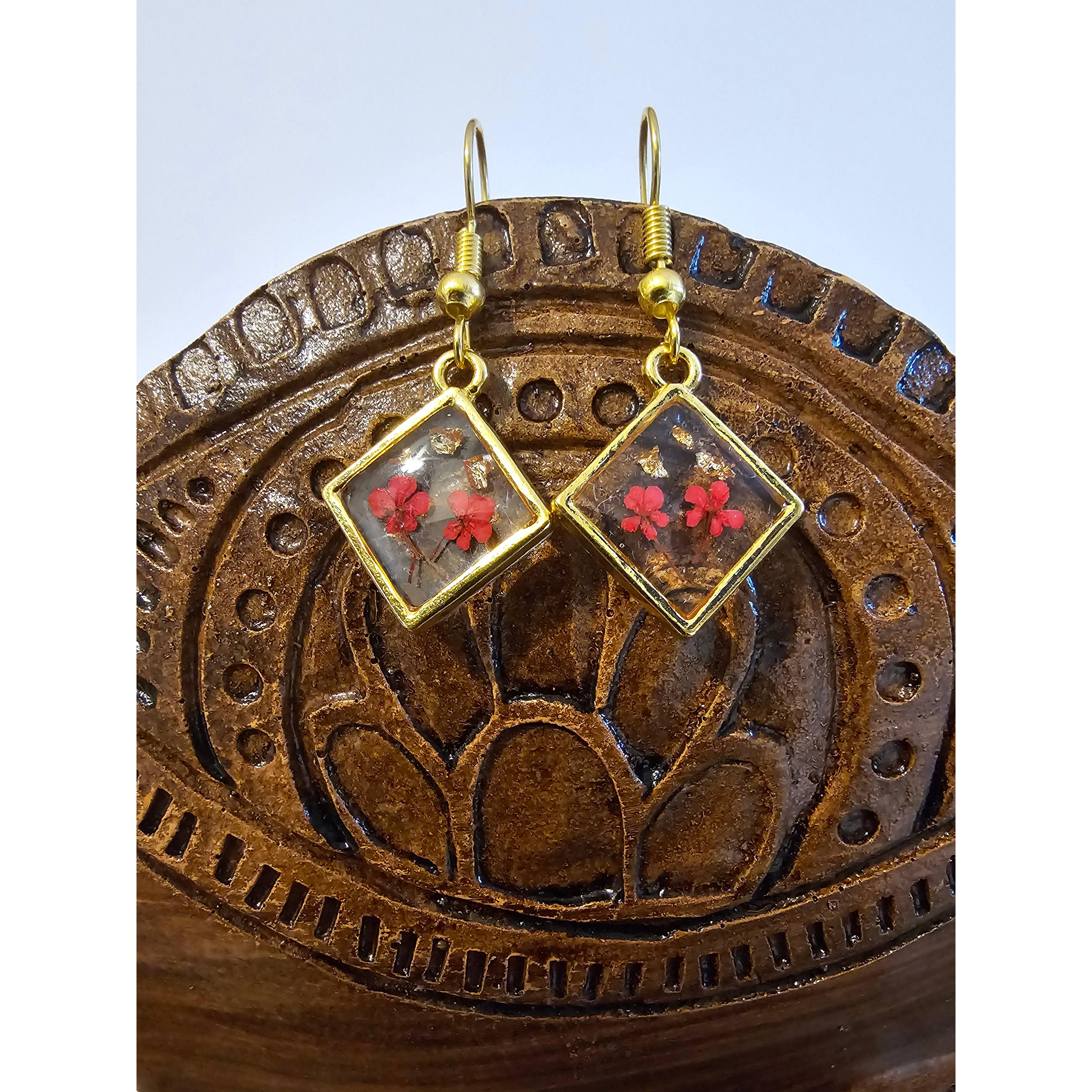 Small Red Flowers with Gold Flake Earrings