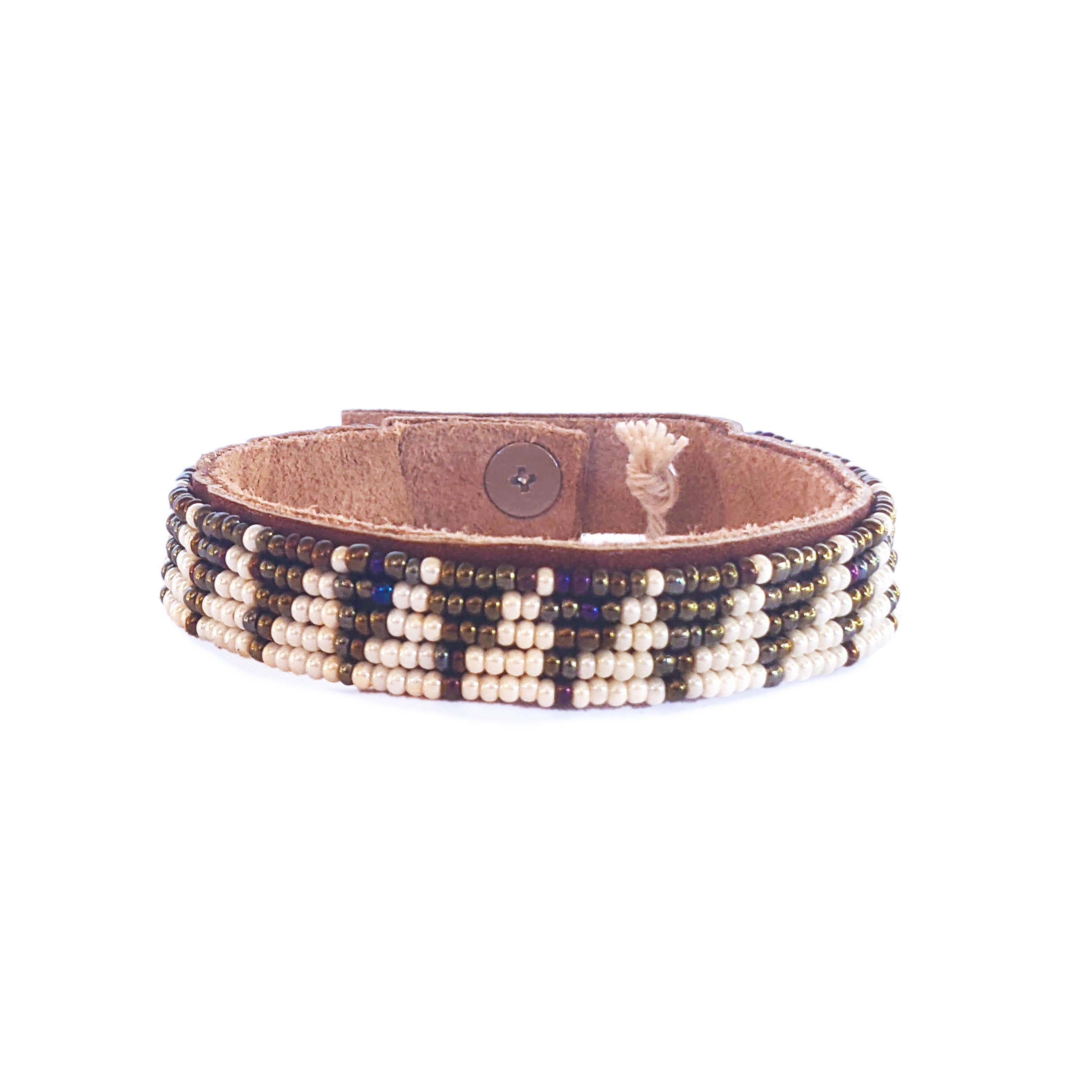 Small Tri Rainbow and Pearl Beaded Leather Cuff